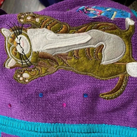 Heirloom Collectibles Vintage Christmas Cat Cardigan Sweater Small Art To Wear - Picture 9 of 13